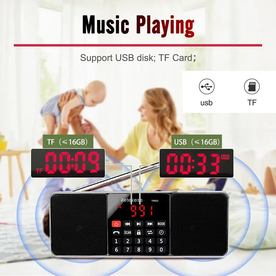 RETEKESS TR602 Digital Portable Radio AM FM Bluetooth Speaker Stereo MP3 Player TF/SD Card USB Drive Handsfree Call LED