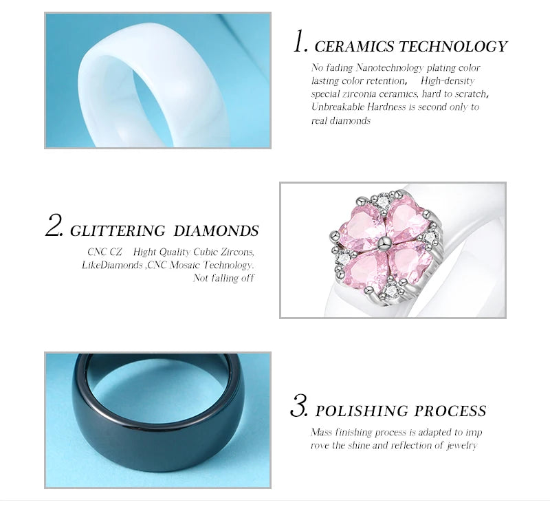 2019 New Wedding Rings Fashion Pink Flower Cubic Zirconia Engagement Ceramic Ring Jewelry For Women S925 Sterling Silver