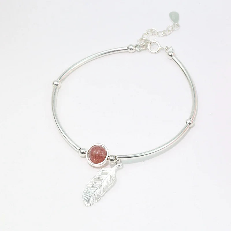 925 Sterling Silver Crystal Round Bead Feather Charm Bracelet & Bangles Adjustable Braclets For Women Wedding Jewelry