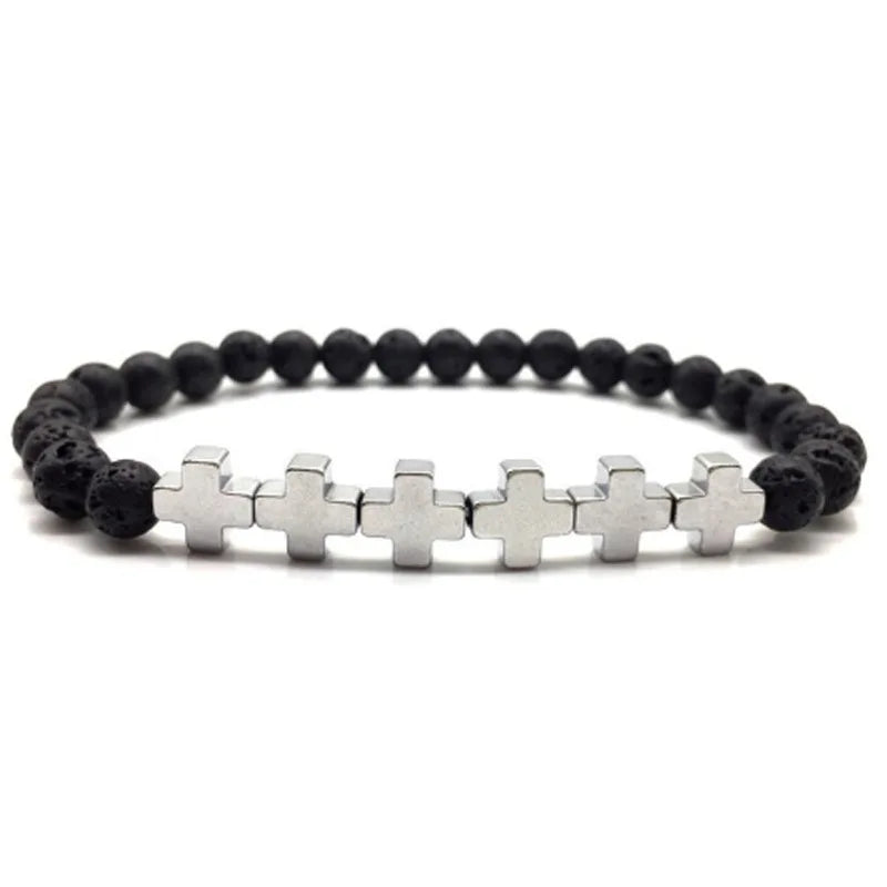 Men Bracelet Natural Black Hematite Beaded Handmade Women Cross Stone Diffuser Bracelets Jewelry Gifts