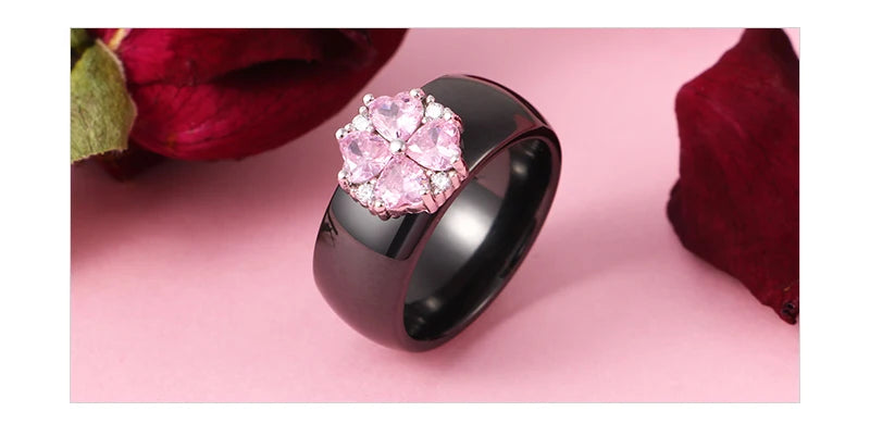 2019 New Wedding Rings Fashion Pink Flower Cubic Zirconia Engagement Ceramic Ring Jewelry For Women S925 Sterling Silver
