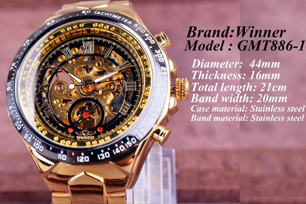 Gold-tone Winner mechanical sport design bezel chronograph watch with skeleton movement and Roman numeral markers