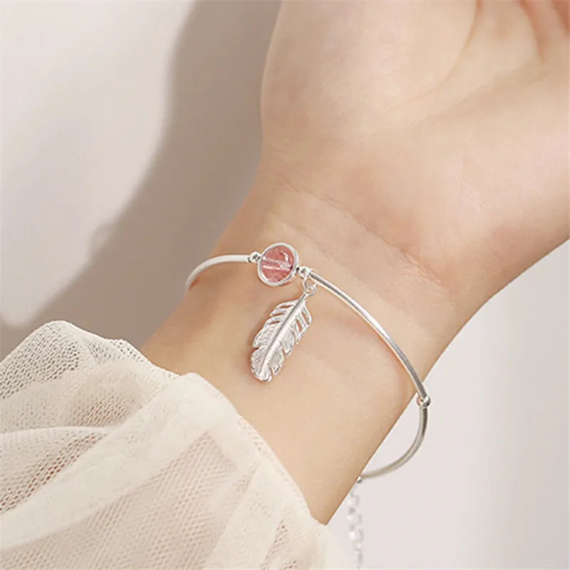 925 Sterling Silver Crystal Round Bead Feather Charm Bracelet & Bangles Adjustable Braclets For Women Wedding Jewelry