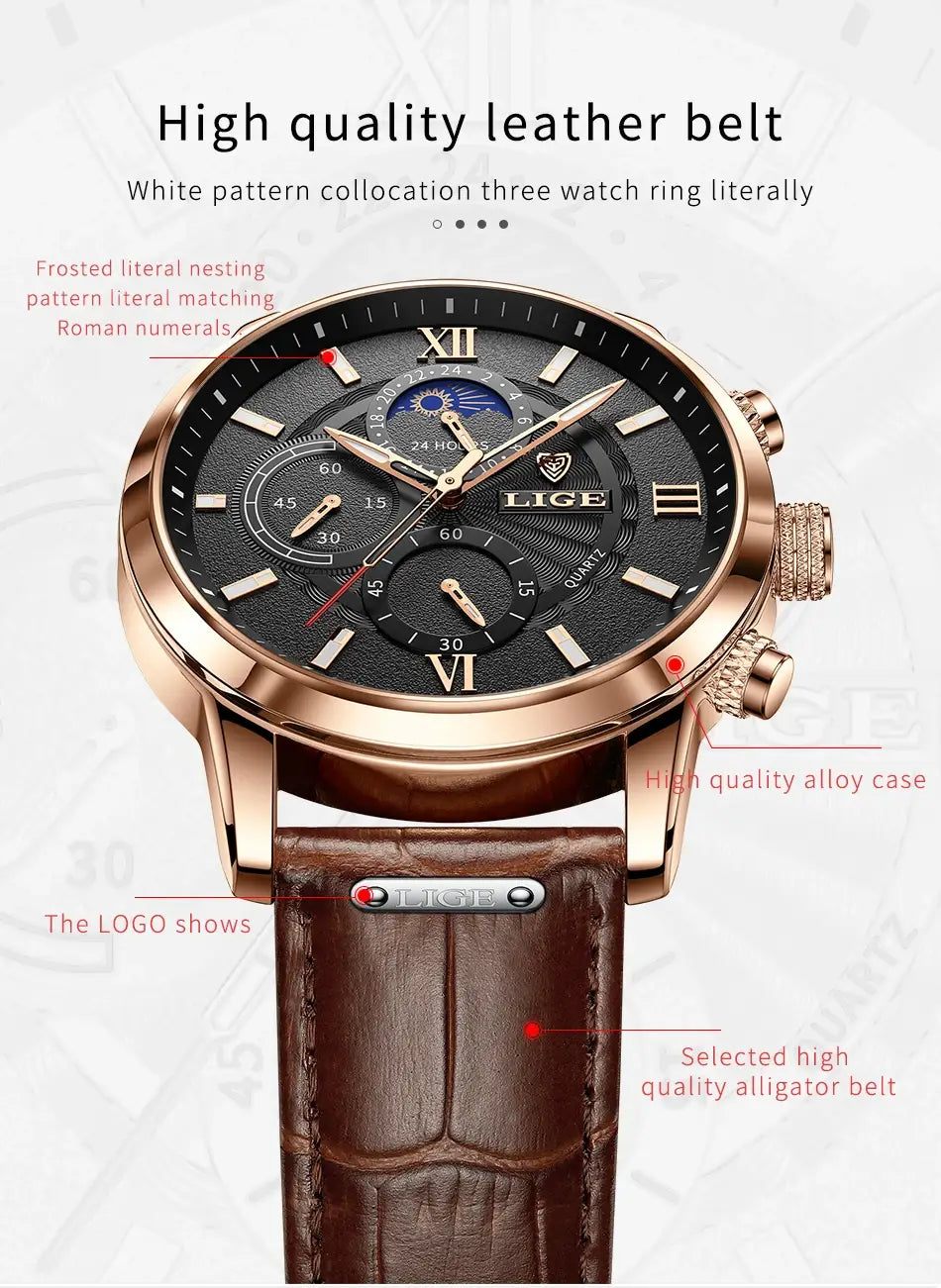 2025 New Mens Watches LIGE Top Brand Luxury Leather Casual Quartz Watch Men’s Sport Waterproof Clock Relogio Masculino