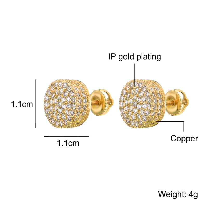 Hip HOP 1Pair Micro Full Paved Rhinestone Round Zircon CZ Stone Bling Iced Out Stud Earring Copper Earrings For Men