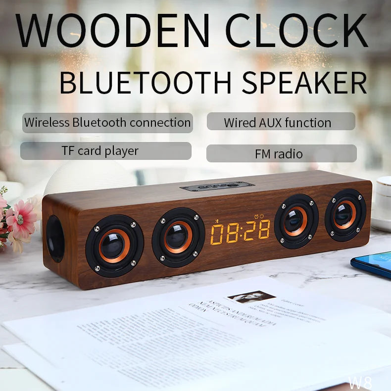 Wooden Soundbar Bluetooth Speaker Music Acoustic System 20W HIFI Stereo Surround LED Display Outdoor With FM Radio