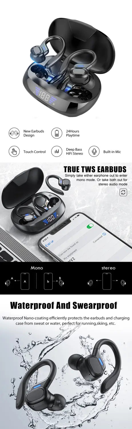 TWS True Wireless Bluetooth Headset 5.0 Digital Display Charging Bin Hanging Ear Sports VV2