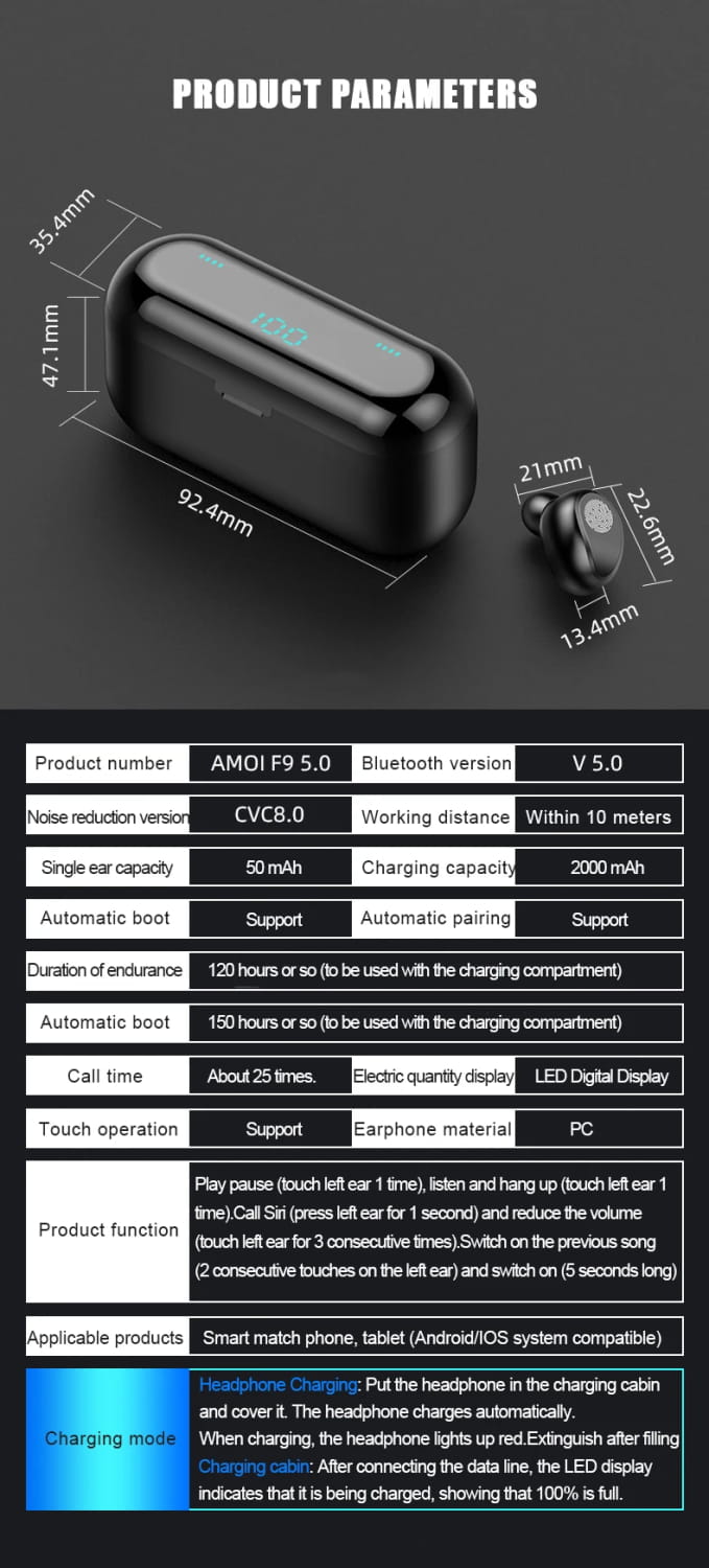 Wireless Earphone Bluetooth V5.0 F9 TWS Headphone LED Display With 2000mAh Power Bank Headset Microphone