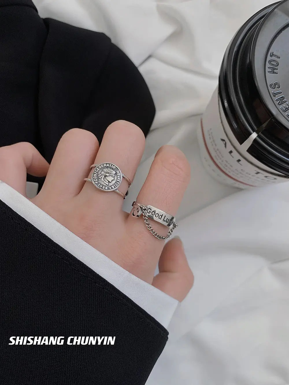 Simple Style Jewelry S925 Sterling Silver Letter Good Luck Open Ring Korean Smiling Face Female