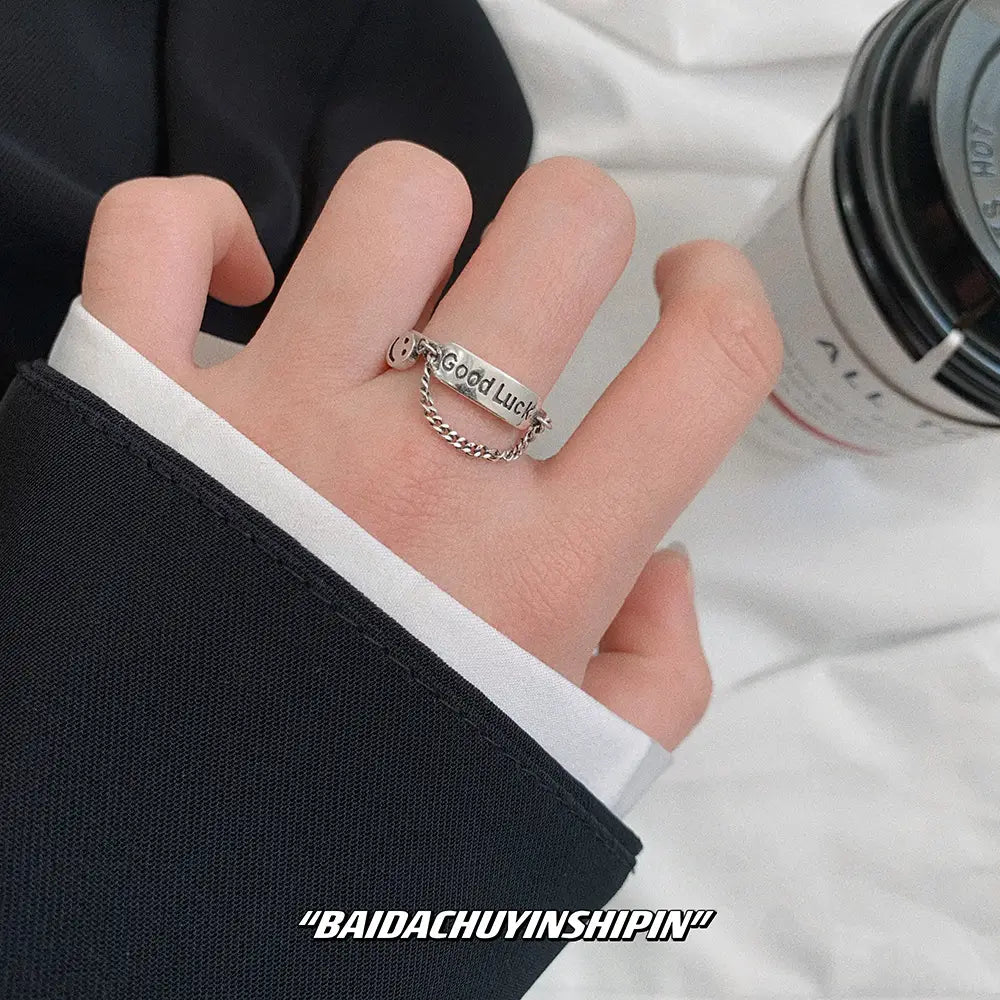 Simple Style Jewelry S925 Sterling Silver Letter Good Luck Open Ring Korean Smiling Face Female