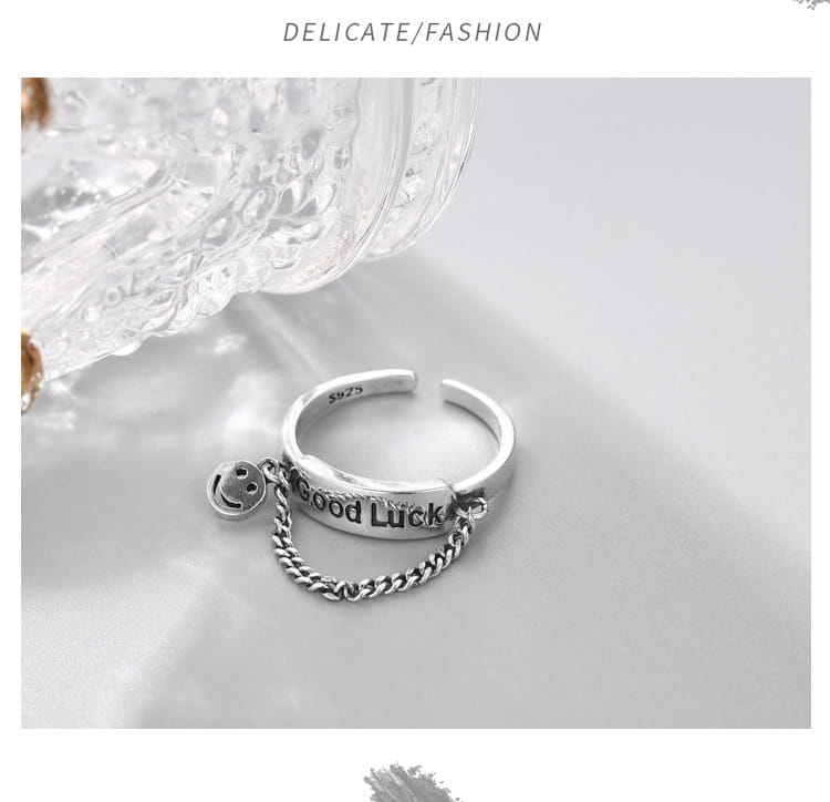 Simple Style Jewelry S925 Sterling Silver Letter Good Luck Open Ring Korean Smiling Face Female