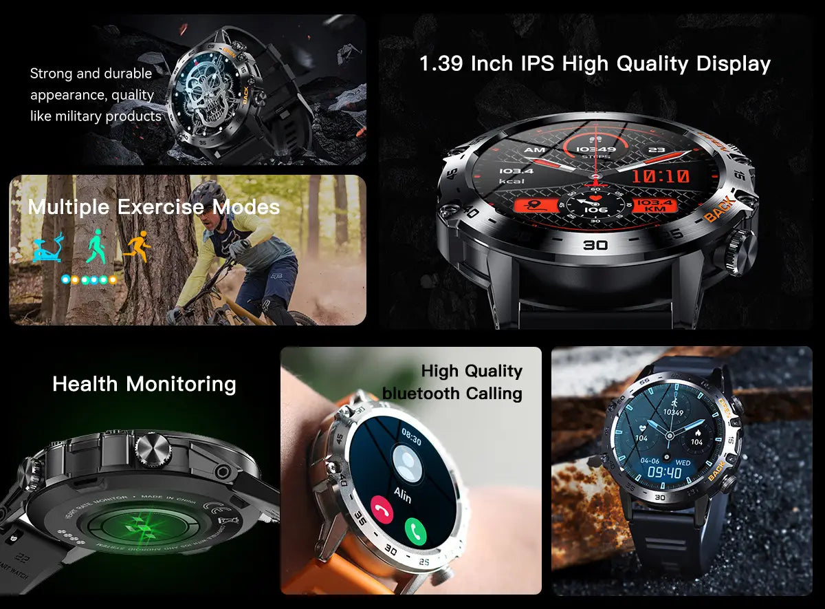 Smart Watch K52 Watches Men Wome Sports Fitness Modes Bluetooth Call Health Monitor 400mah 1.39Inch HD Smartwatch