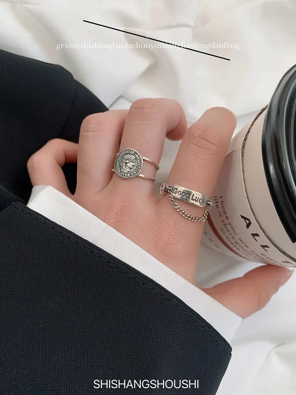 Simple Style Jewelry S925 Sterling Silver Letter Good Luck Open Ring Korean Smiling Face Female