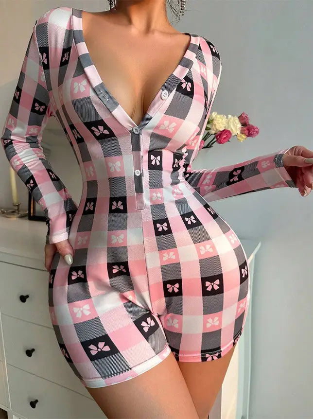 European And American Sexy Jumpsuit Deep V-neck Bow Plaid Printed Long Sleeve One-piece Pajamas