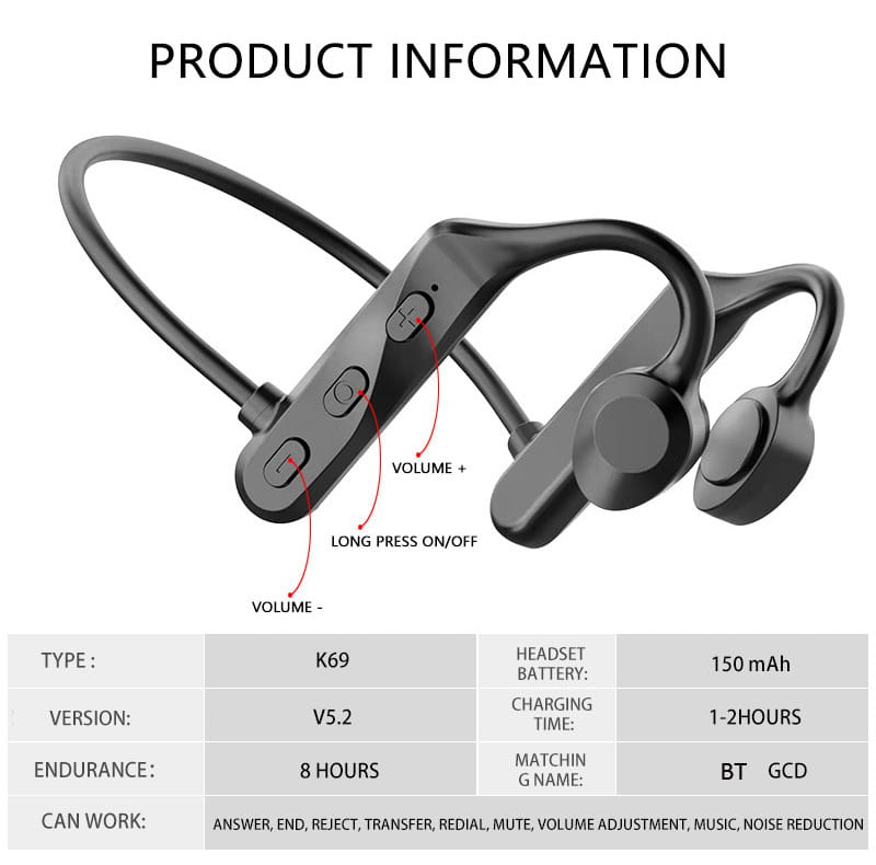 K69 Bone Conduction Bluetooth Headphones In-ear Wireless Sports