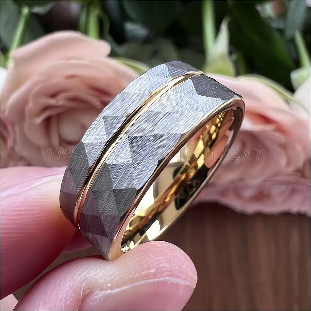 8mm Women Wedding Ring Tungsten Carbide Engagement Band Fashion Jewelry Hammered Brushed Finish Grooved Comfort Fit
