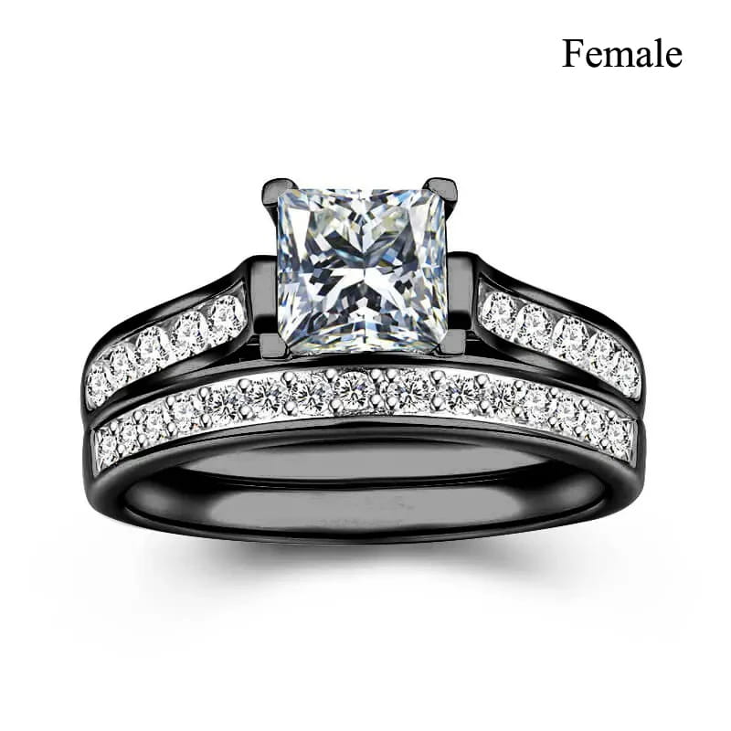 Fashion Couple Rings Women’s White Rhinestones Zircon Ring Sets Men’s Stainless Steel Stones Wedding Band Jewelry