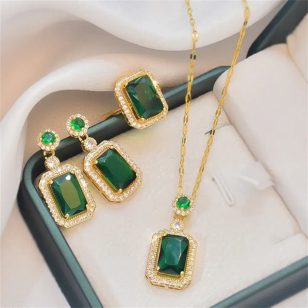 Classic Women’s Three-piece Jewelry Set Statement Emerald Ring Fashion Green Zircon Earring Necklace Wedding Sets