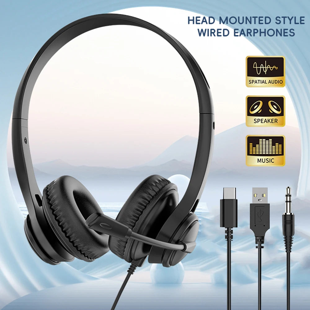 Wired USB Headset Call Center Headphones with Microphone Noise Cancelling Over Gaming 3.5MM For Compute