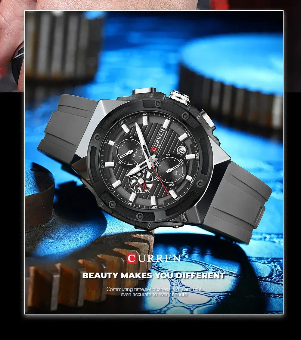 CURREN Fashionable Sports Multifunctional Chronograph Quartz Watch with Silicone Strap Creative Design Dial Luminous