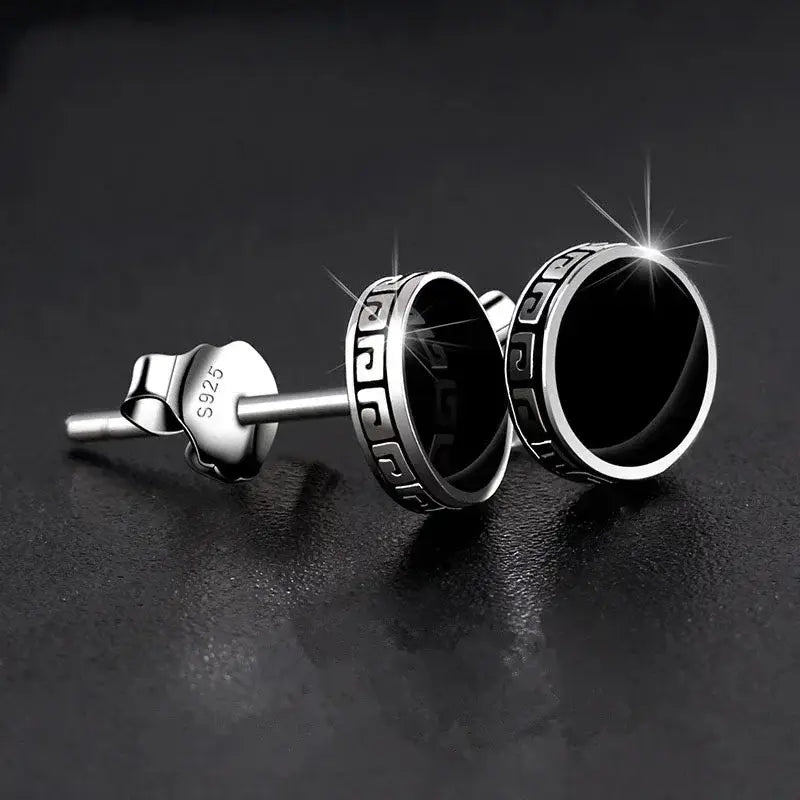 925 Silver Earrings Men Black Circle Single Simple Luxury Earring