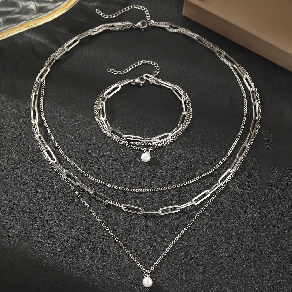 Stainless Steel Jewelry Set Elegant Delicate Pearl Pendant Luxury Multi-Layer Chain For Women