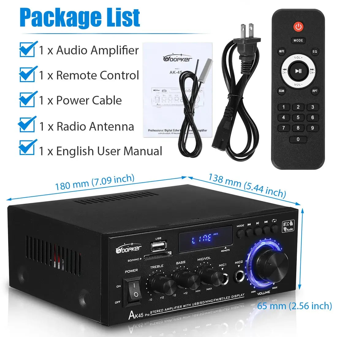 Black Woopker AK45 Pro Power Amplifier with Remote Control and Blue LED Display