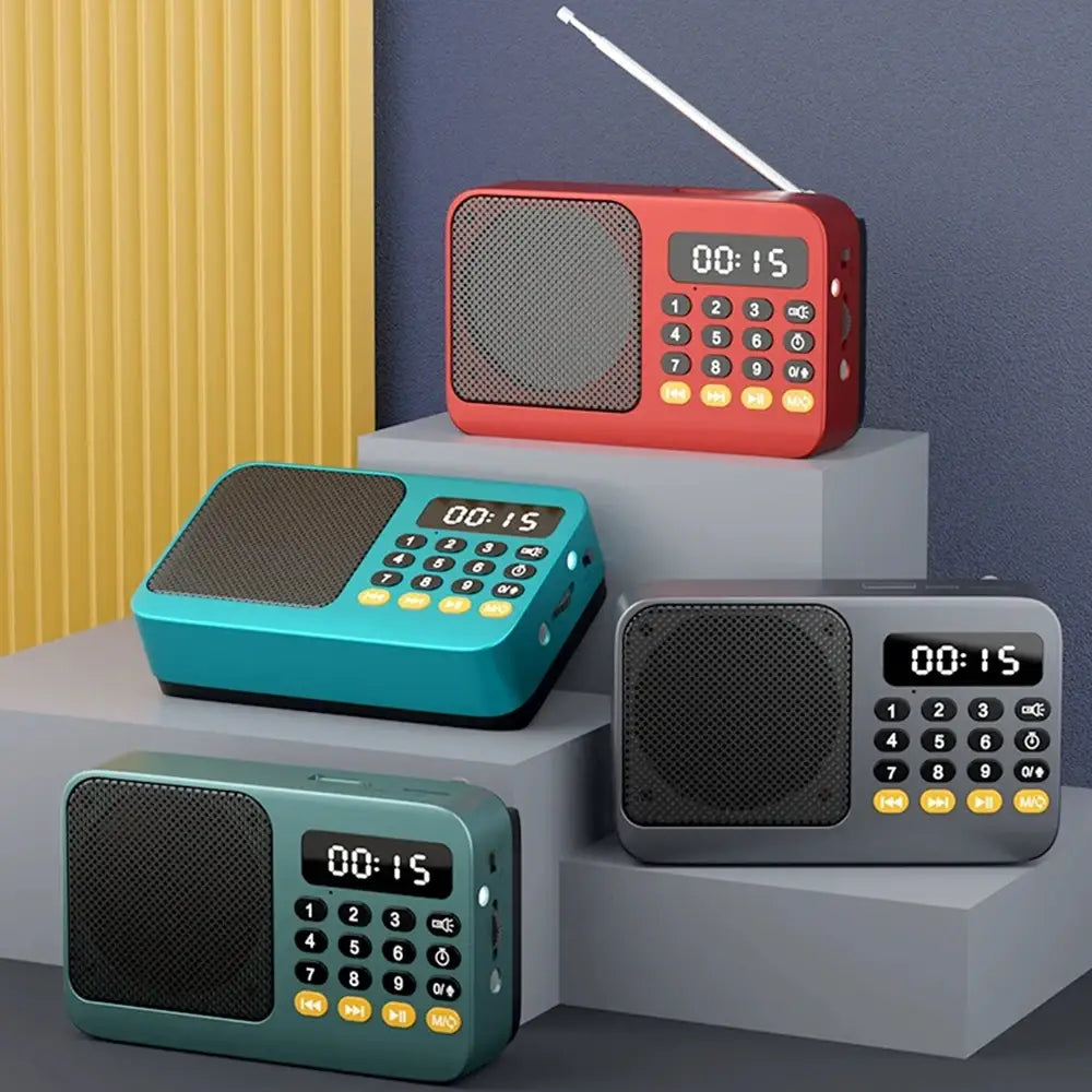 Red portable radio music player with LED display and yellow buttons