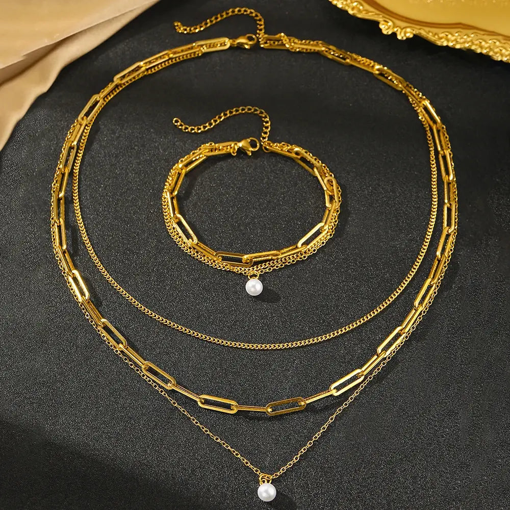 Stainless Steel Jewelry Set Elegant Delicate Pearl Pendant Luxury Multi-Layer Chain For Women