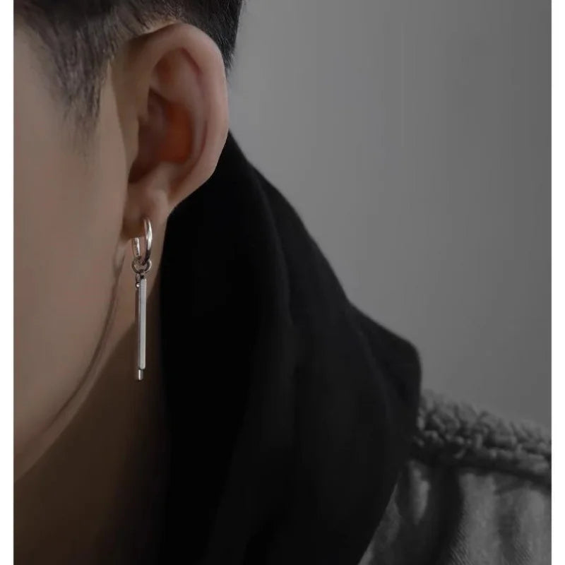 Trendy Men Earrings Minimalist Long Strip Double Stick 925 Sterling Silver Ear Buckle Male Cool Personality Dropping