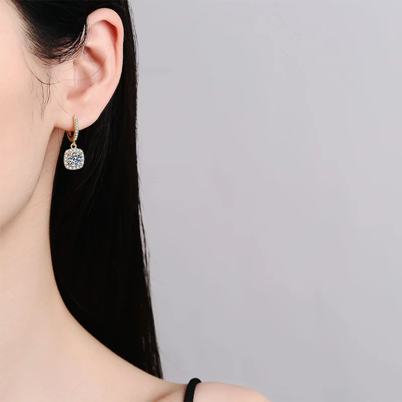 Luxury 100% Real 18k Gold Women’s Square 1 karat Diamond Earrings Moissanite Studs