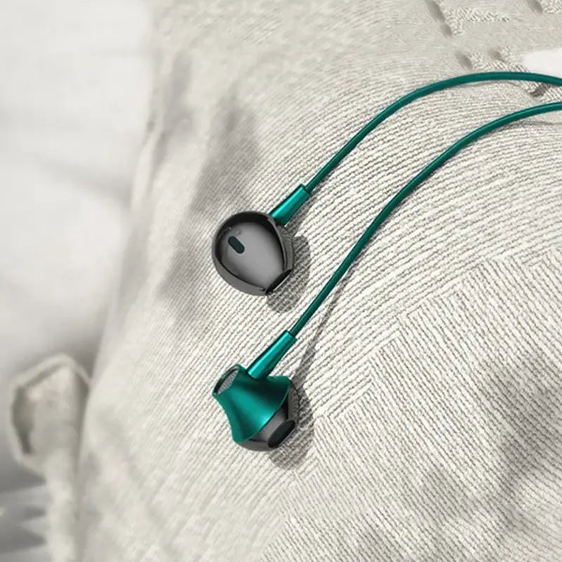 Teal and black wired earbuds with microphone, bass HiFi stereo headset