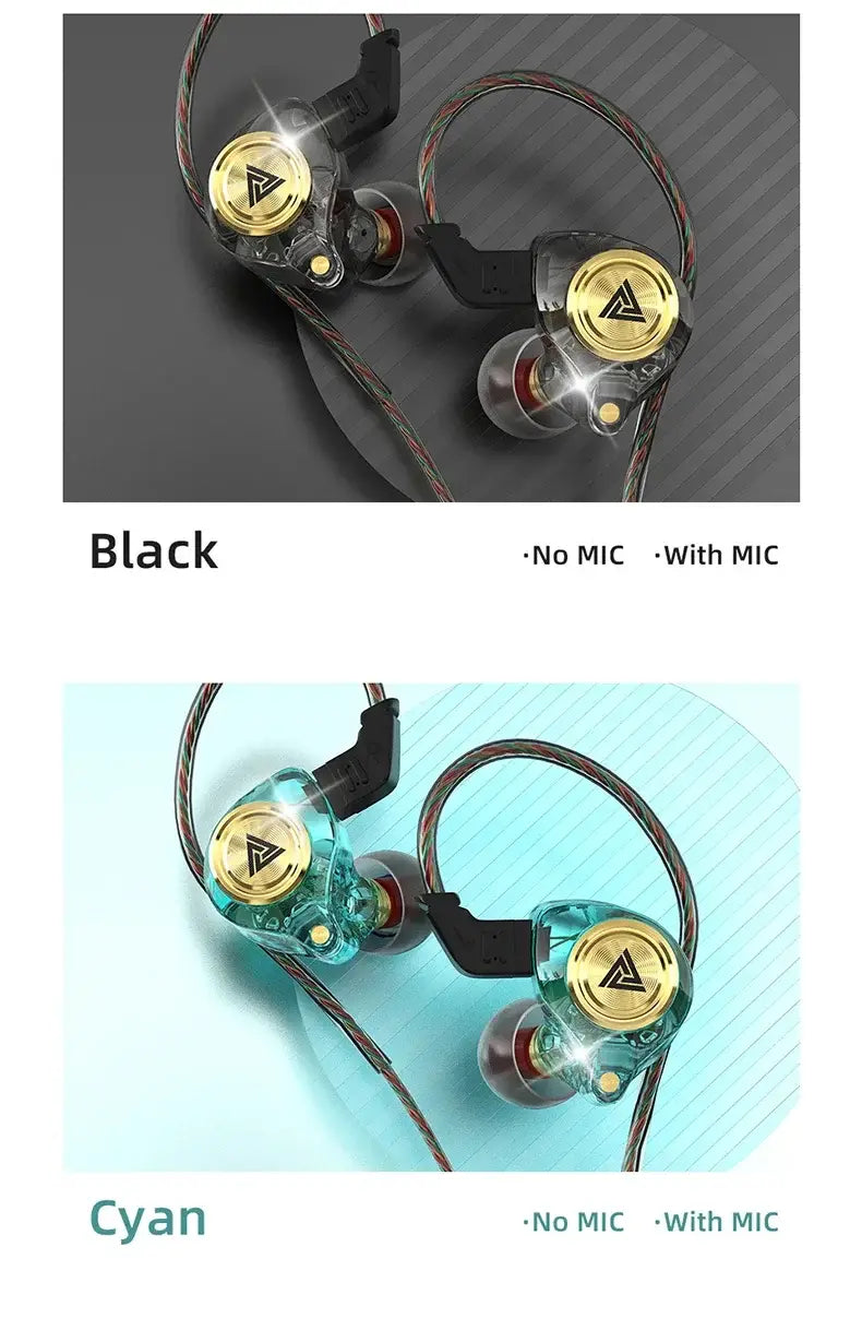 QKZ AK3 FiLe wired in-ear monitors in black and cyan with gold drivers