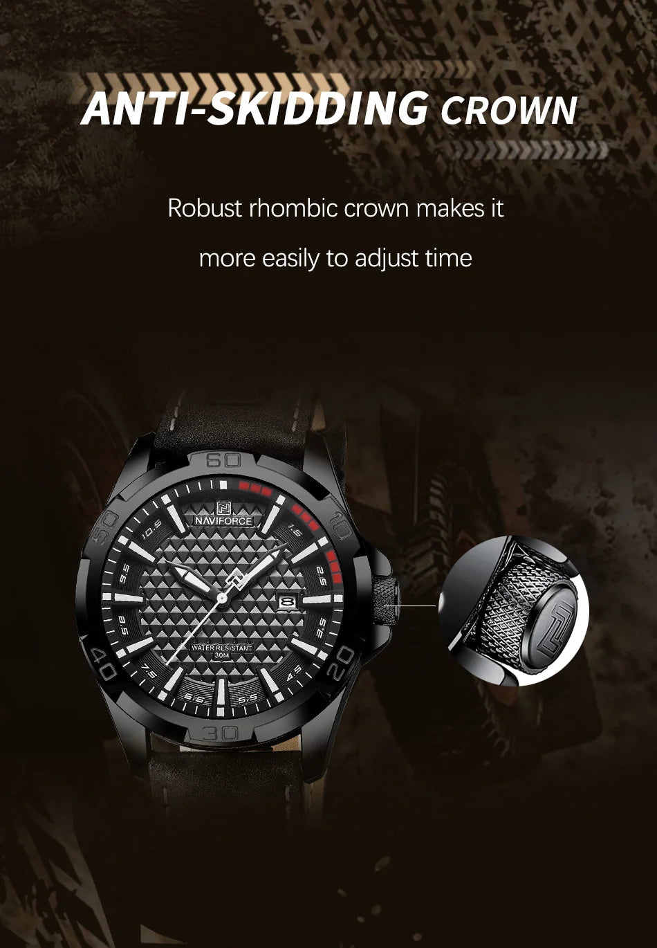 Naviforce brand men fashion quartz watch with black rubber strap