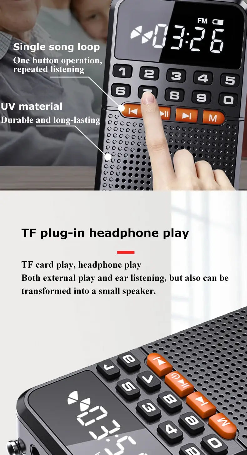 Portable FM Mini Radio Dual Antenna Pocket Receiver Bluetooth 5.0 Speaker TF Card Music Player with LED Flashlight