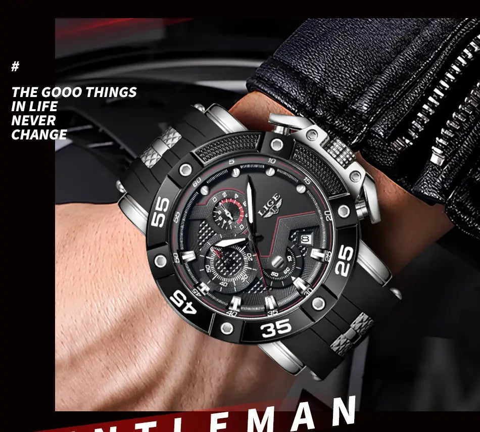 LIGE Mens Watches Top Brand Luxury Big Dial Watch Men Silicone Military Sports Waterproof Quartz For Relogio Masculino