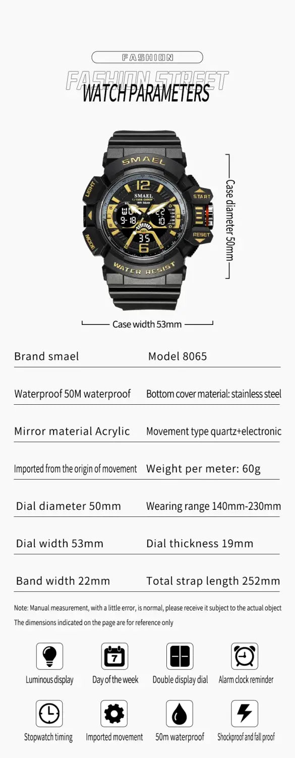 Sport Watch Men SMAEL 50M Waterproof Wristwatches Dual Time Display Multi-function Sports Clocks 8065 Mens Watches