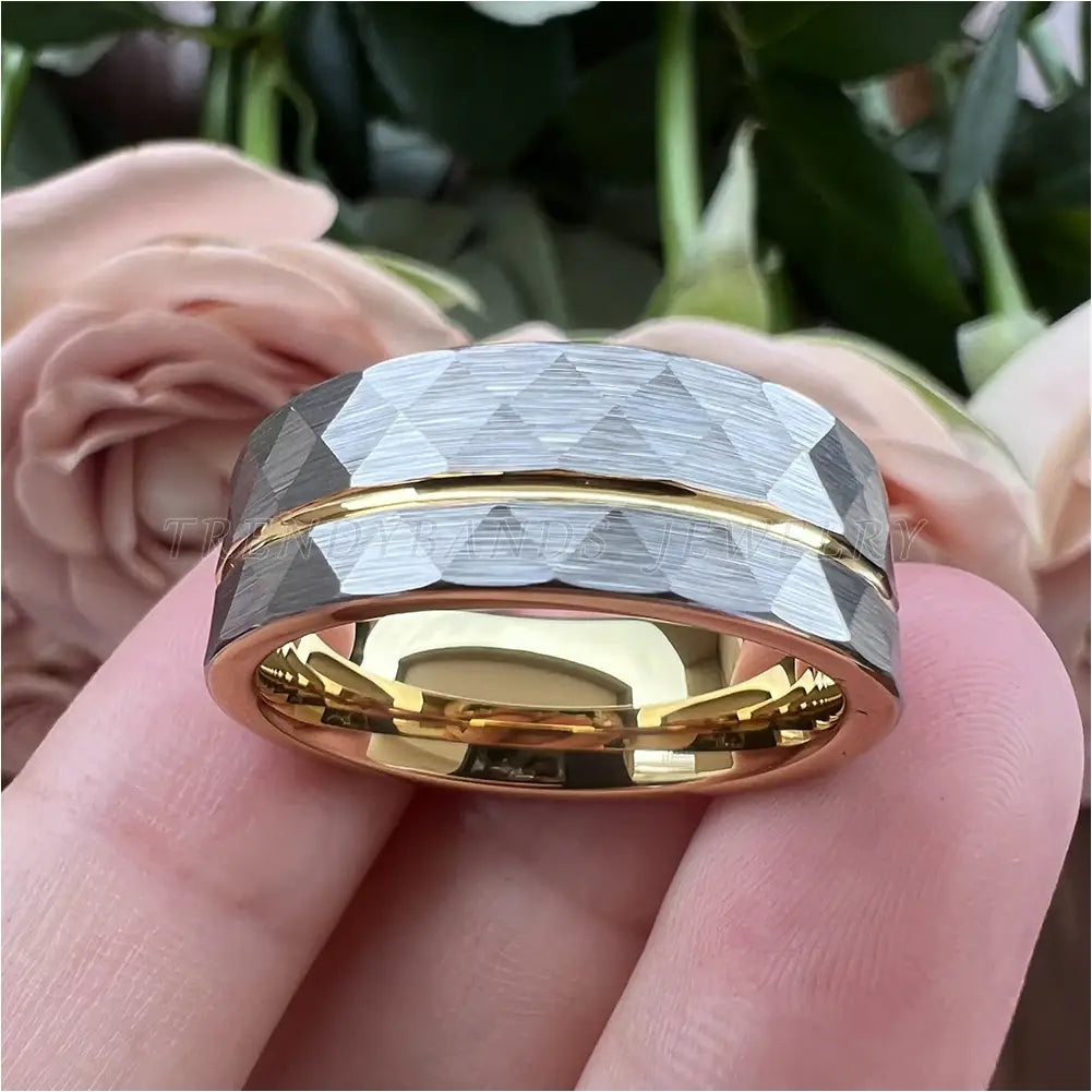 8mm Women Wedding Ring Tungsten Carbide Engagement Band Fashion Jewelry Hammered Brushed Finish Grooved Comfort Fit