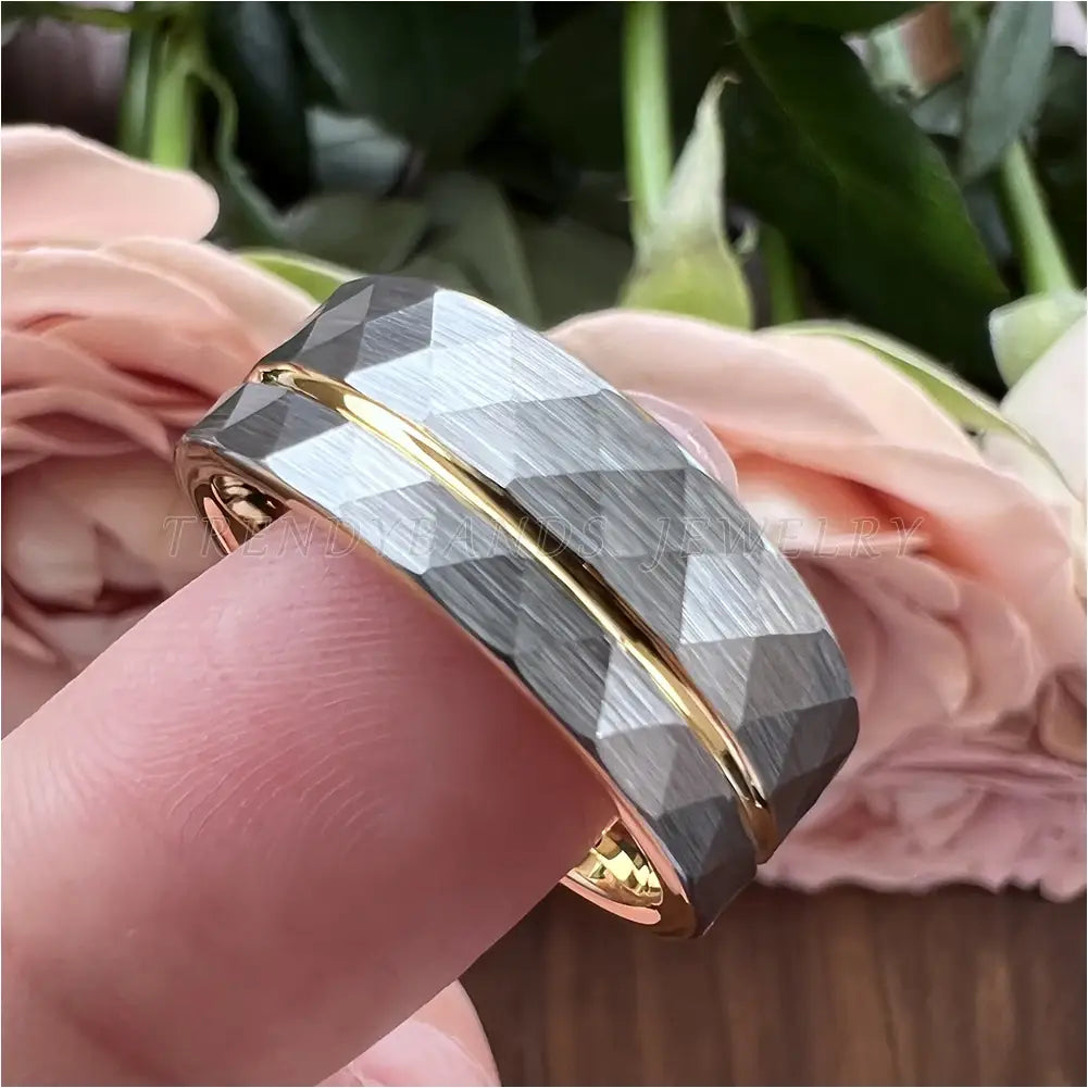 8mm Women Wedding Ring Tungsten Carbide Engagement Band Fashion Jewelry Hammered Brushed Finish Grooved Comfort Fit