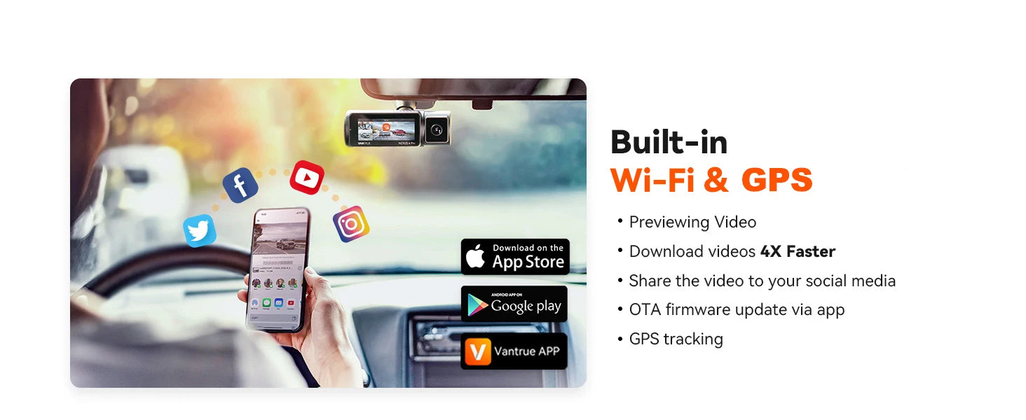 3-channel car DVR UHD 4K dash cam with WiFi GPS black dash mount