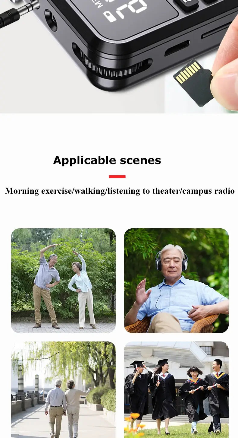 Portable FM Mini Radio Dual Antenna Pocket Receiver Bluetooth 5.0 Speaker TF Card Music Player with LED Flashlight