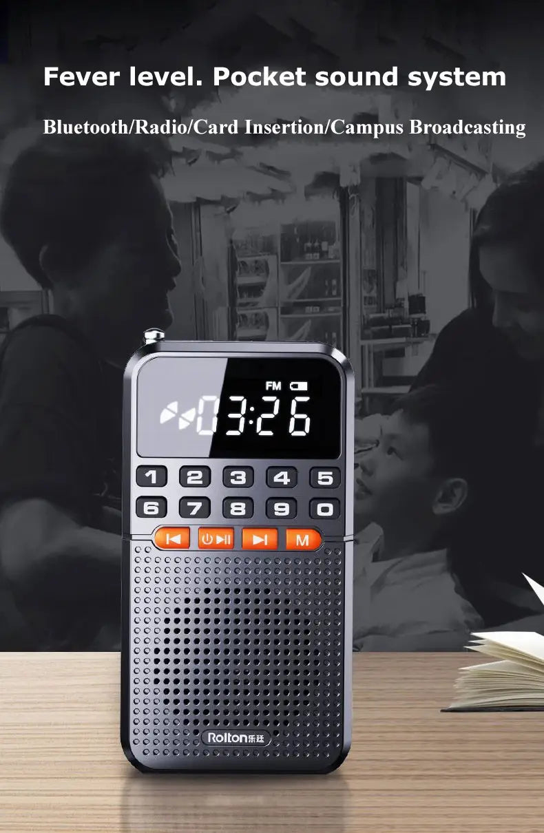 Portable FM Mini Radio Dual Antenna Pocket Receiver Bluetooth 5.0 Speaker TF Card Music Player with LED Flashlight