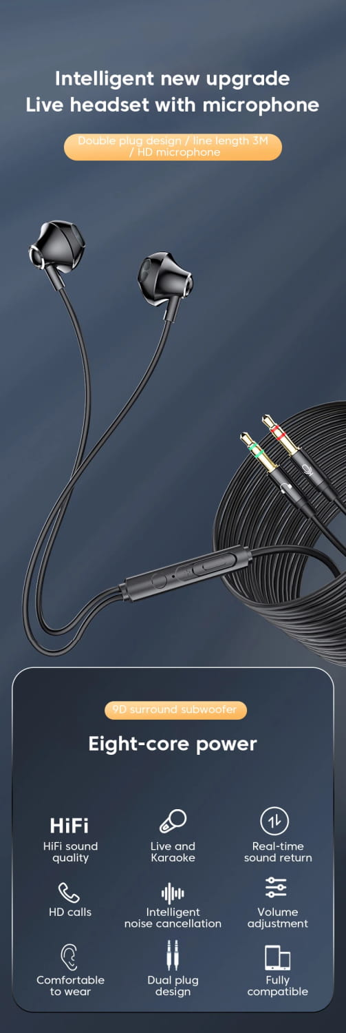 3M/2M Earphones Wired Headphones 3.5mm Audio Microphone Dual Plug For Desktop Computer Headset Gamer PC Earbuds In-Ear