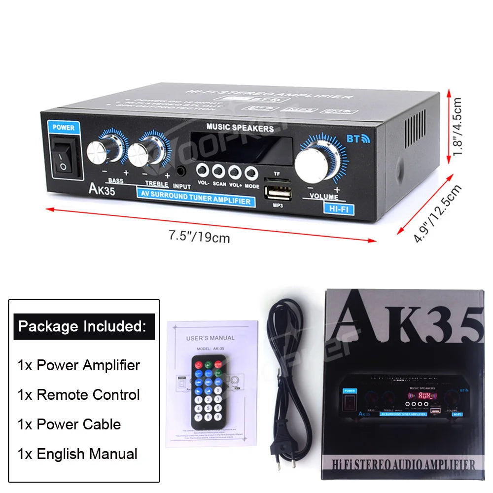 Woopker AK45 Pro black plastic AV tuner amplifier with silver knobs, blue LEDs, remote control
