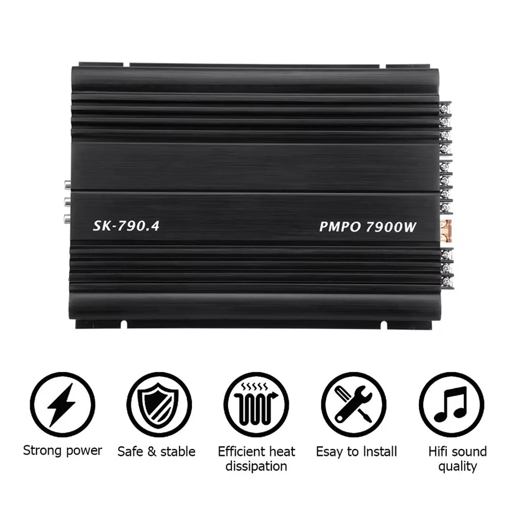 SK-790.4 Car Power Amplifier 4-Channel Class A/B Digital Stereo Surround Passive Subwoofer 12V Audio Player Max 7900W