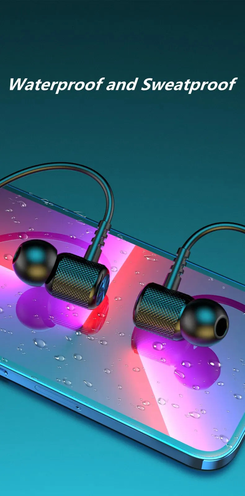 Black silicone neckband earphones with textured hooks and metallic finish