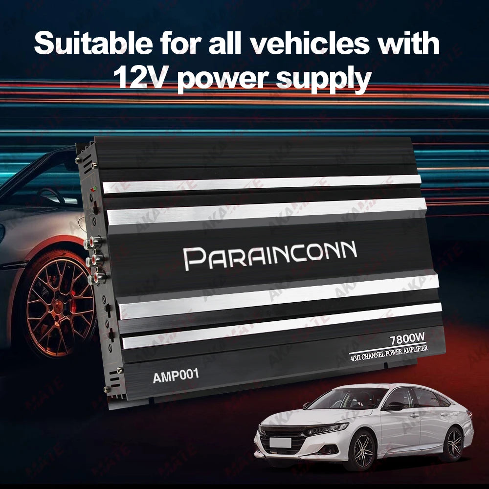 Black and silver Parainconn AMP001 432-channel car audio amplifier with 7800W output for stereo surround passive subwoofer