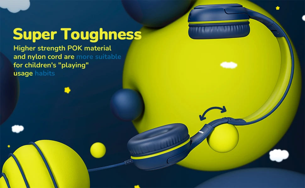 AWATRUE AT2 blue and yellow kids stereo gaming headphones with mic soft memory earmuffs