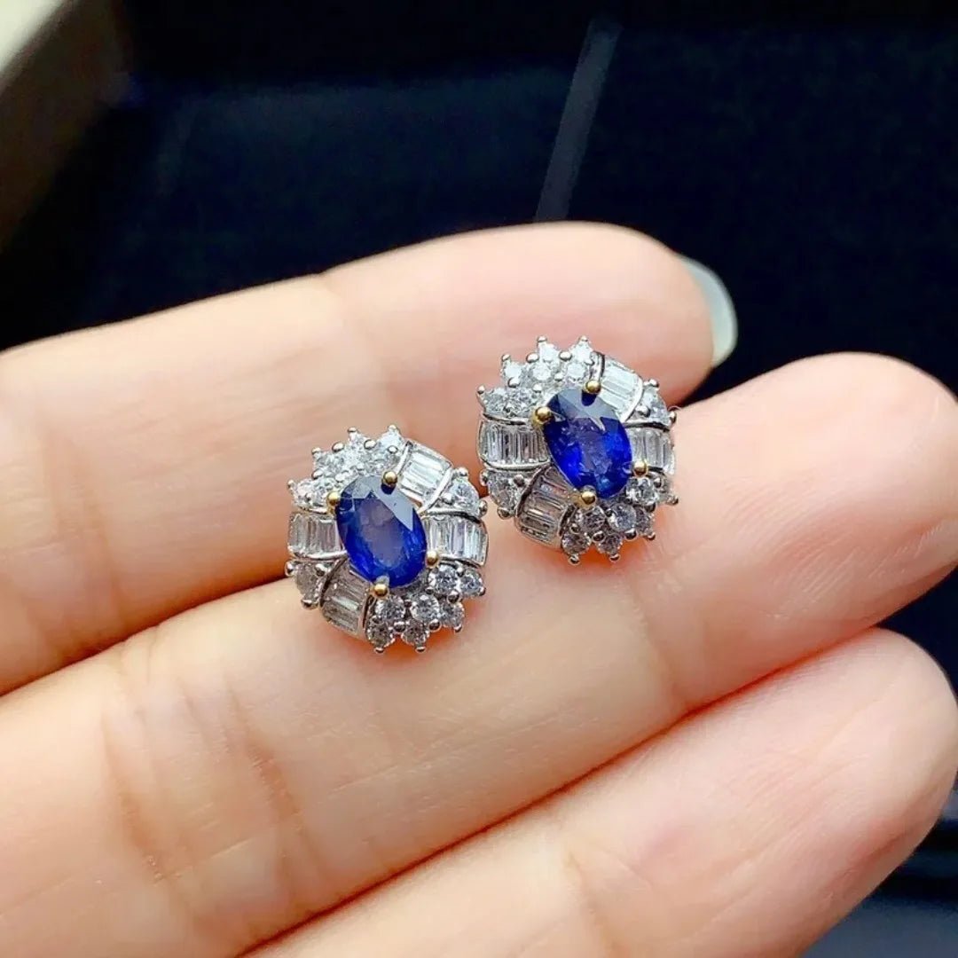 Natural Round 4mm*6mm Sapphire Small Earrings with Diamond Fine Jewelry for Girl Party Wear