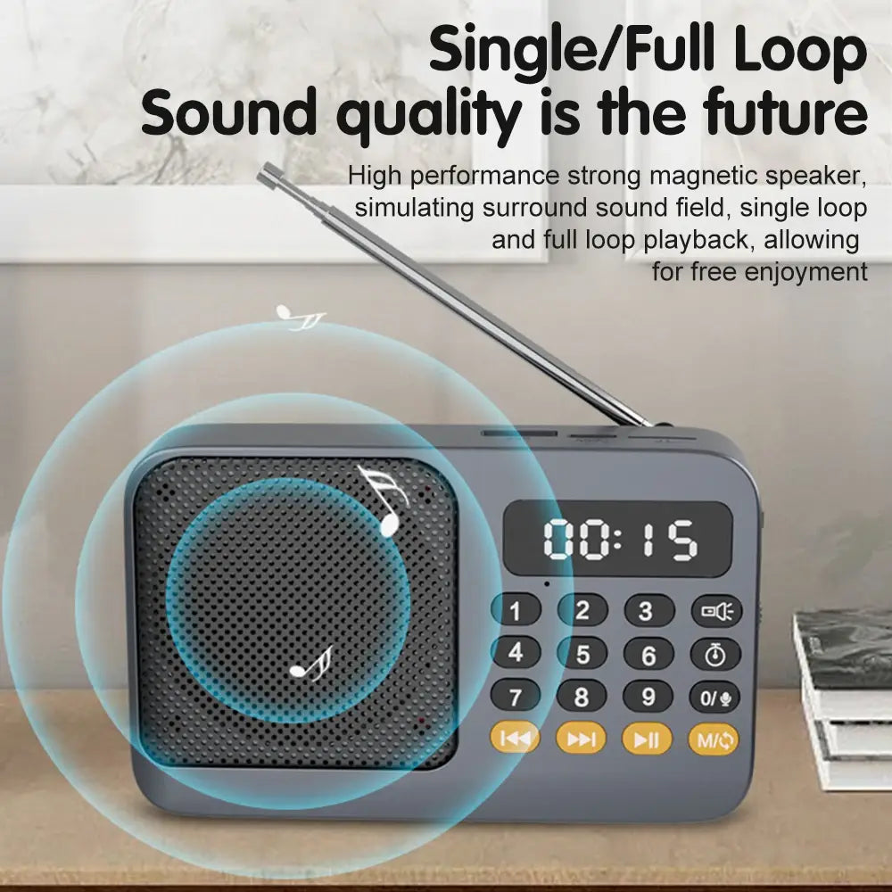 Gray portable radio music player with telescopic antenna and LED display.